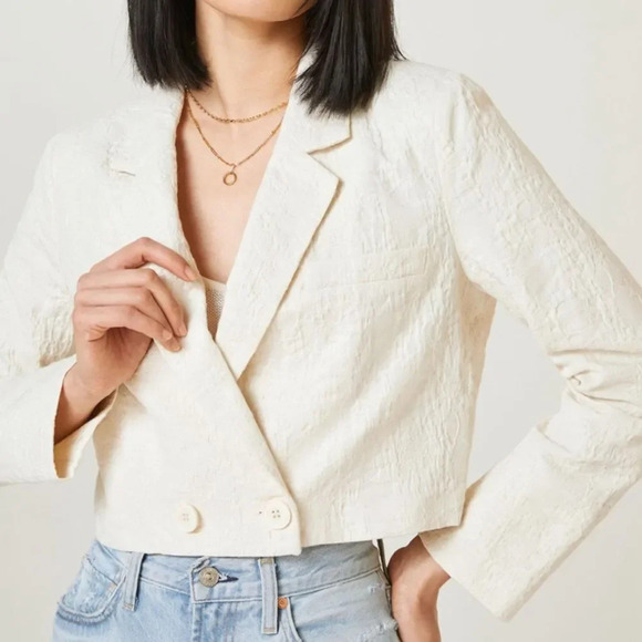CURRENT AIR by ANTHROPOLOGIE Cropped Jacquard Blazer in Light Sand - Picture 1 of 10